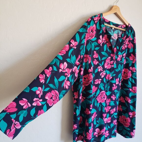 Talbots Split V-Neck Tropical Floral Top Blue/Pink Women's 3X Hawaiian Vacation - Picture 6 of 10